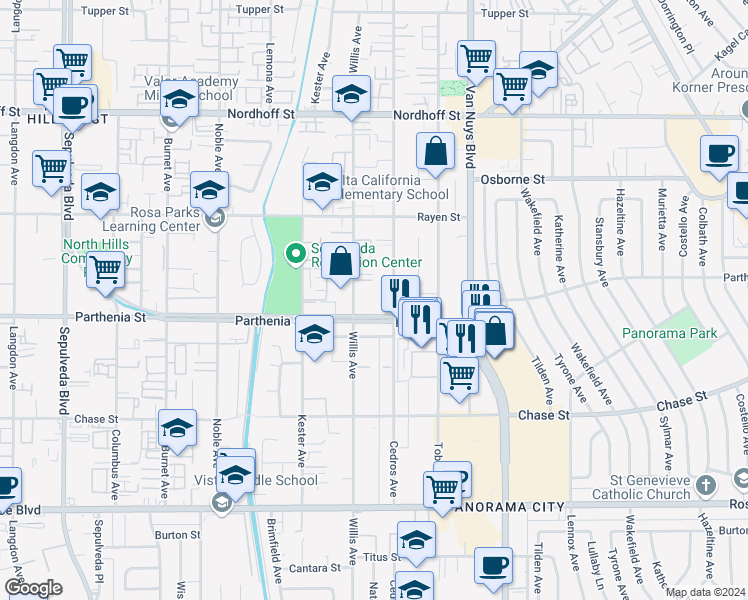 map of restaurants, bars, coffee shops, grocery stores, and more near 8730 Willis Avenue in Los Angeles