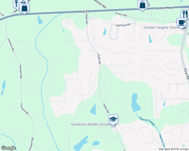 map of restaurants, bars, coffee shops, grocery stores, and more near 4910 Roosevelt Circle in Cumming