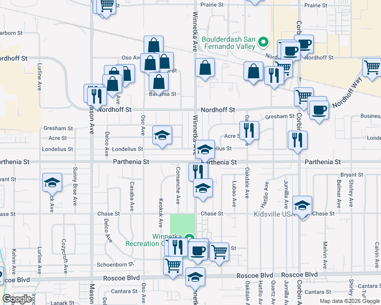 map of restaurants, bars, coffee shops, grocery stores, and more near 20125 Parthenia Street in Los Angeles