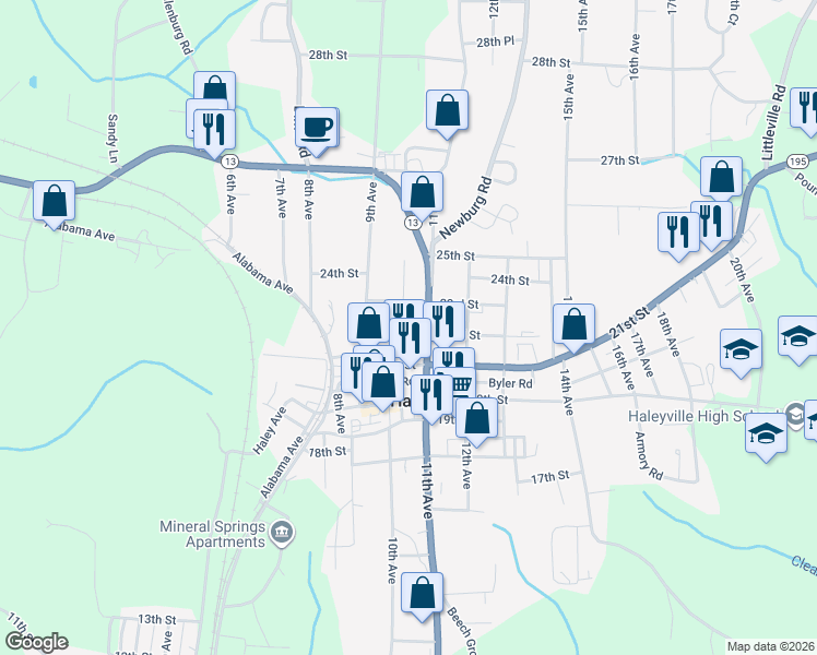 map of restaurants, bars, coffee shops, grocery stores, and more near 2105 10th Avenue in Haleyville