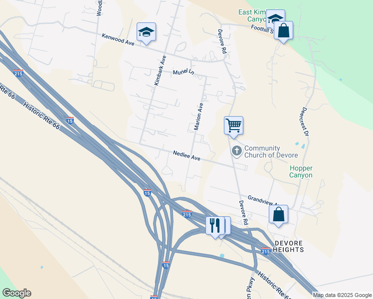 map of restaurants, bars, coffee shops, grocery stores, and more near 1398 Marion Avenue in San Bernardino