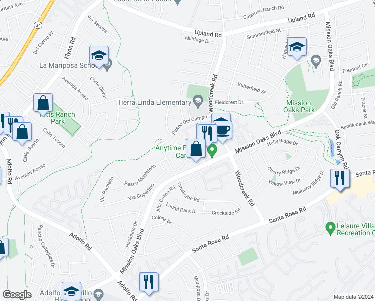 map of restaurants, bars, coffee shops, grocery stores, and more near 1167 Via Carranza in Camarillo