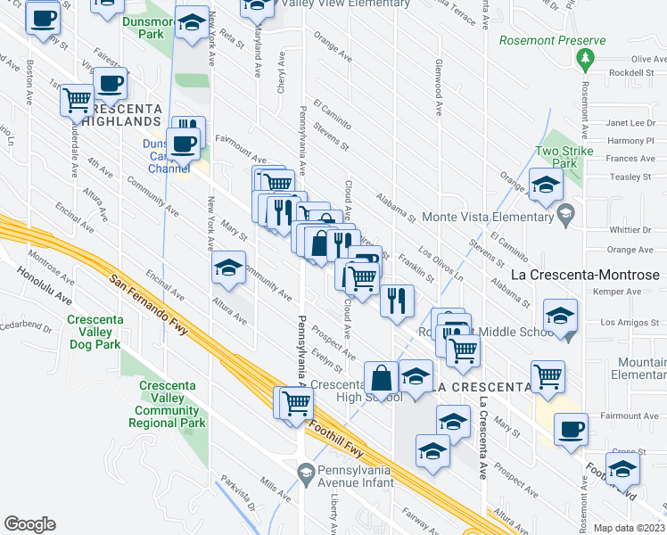 map of restaurants, bars, coffee shops, grocery stores, and more near 3075 Foothill Boulevard in La Crescenta-Montrose