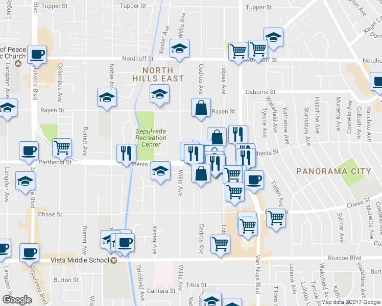 map of restaurants, bars, coffee shops, grocery stores, and more near 8702 Willis Avenue in Los Angeles