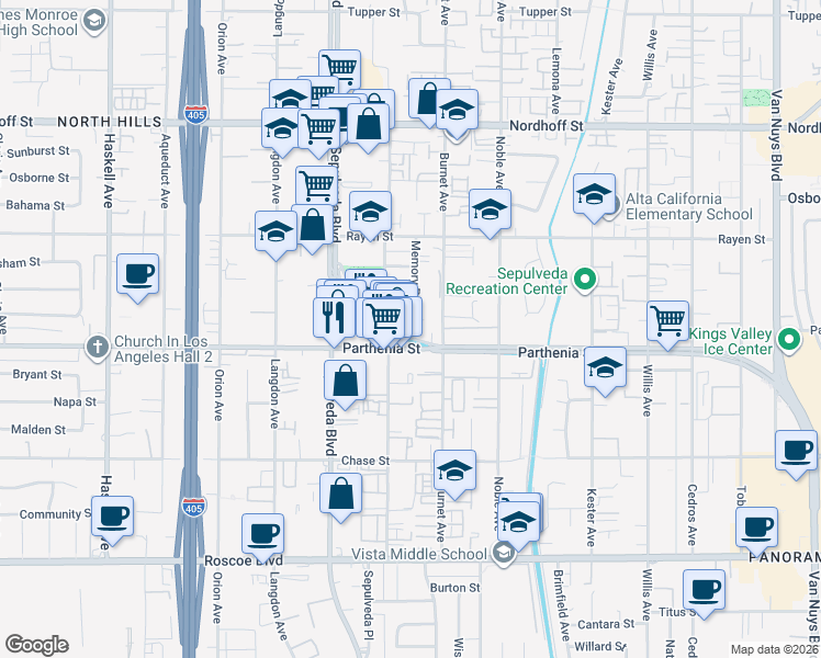 map of restaurants, bars, coffee shops, grocery stores, and more near 8644 Parthenia Place in Los Angeles