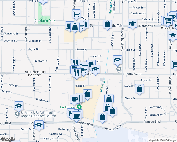 map of restaurants, bars, coffee shops, grocery stores, and more near 16900 Parthenia Street in Los Angeles
