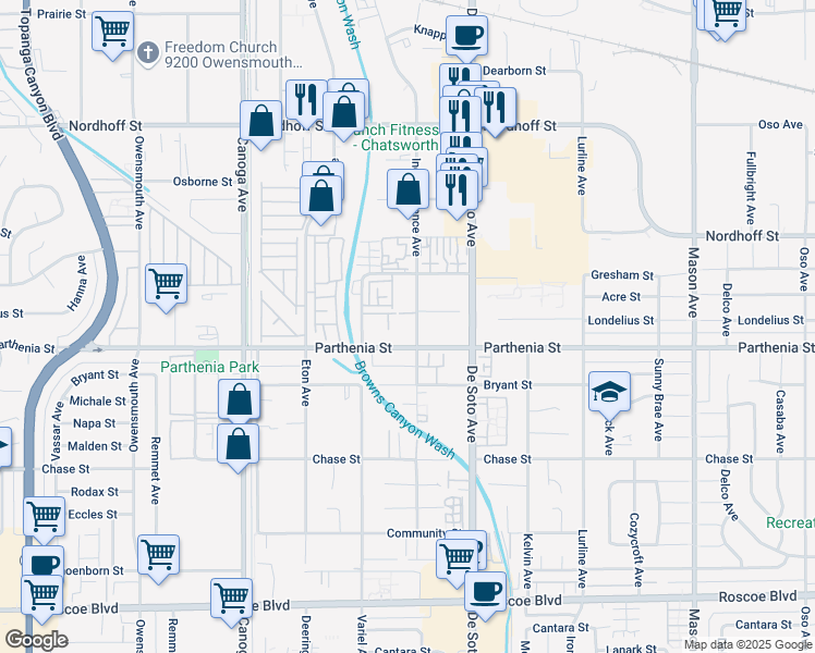 map of restaurants, bars, coffee shops, grocery stores, and more near 21031 Parthenia Street in Los Angeles