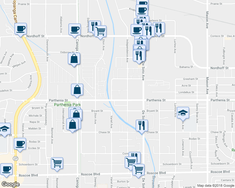map of restaurants, bars, coffee shops, grocery stores, and more near 21031 Parthenia Street in Los Angeles