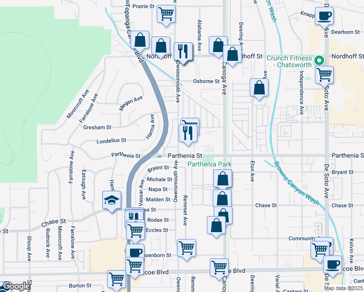 map of restaurants, bars, coffee shops, grocery stores, and more near 21701 Parthenia Street in Los Angeles