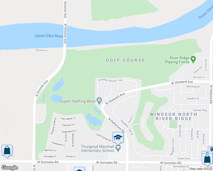 map of restaurants, bars, coffee shops, grocery stores, and more near 2338 Eagle Creek Lane in Oxnard