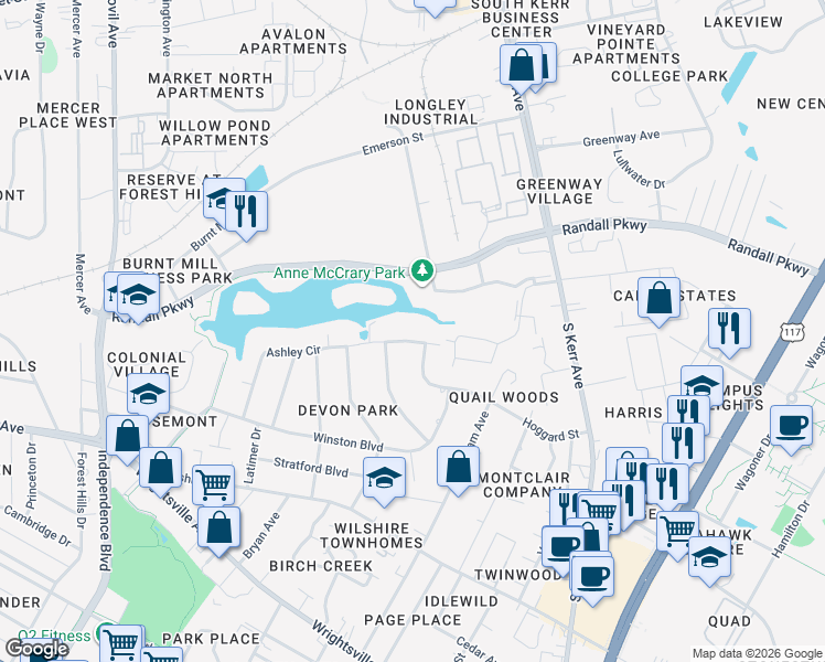 map of restaurants, bars, coffee shops, grocery stores, and more near 3806 Ashley Cir in Wilmington