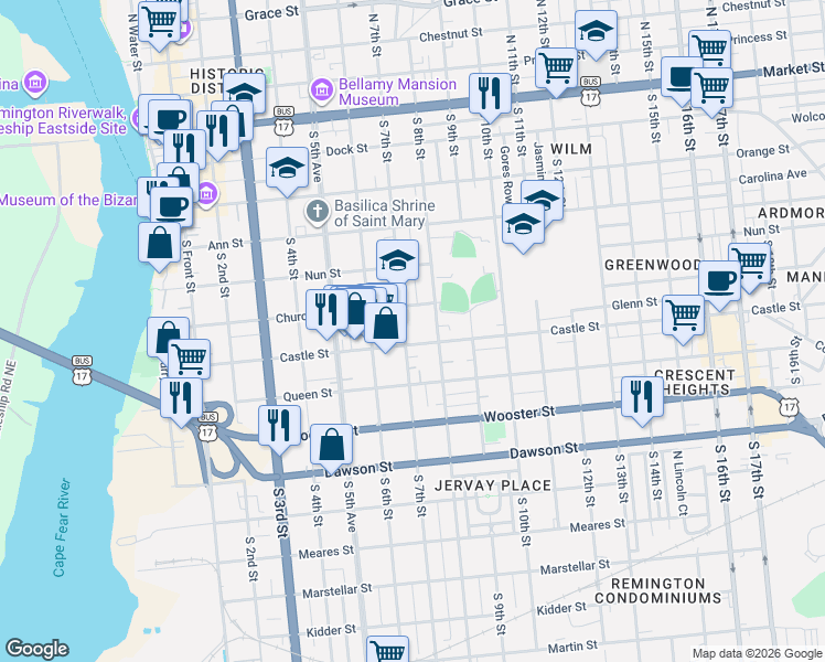 map of restaurants, bars, coffee shops, grocery stores, and more near 617 Castle Street in Wilmington