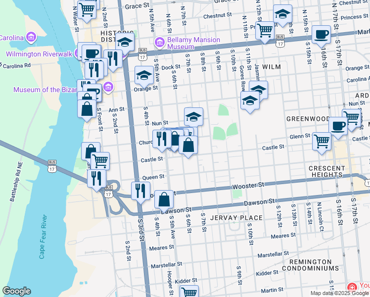 map of restaurants, bars, coffee shops, grocery stores, and more near 515 South 6th Street in Wilmington
