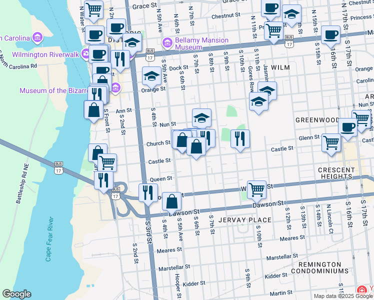 map of restaurants, bars, coffee shops, grocery stores, and more near 514 South 6th Street in Wilmington