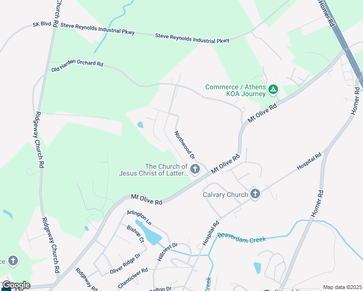 map of restaurants, bars, coffee shops, grocery stores, and more near 211 Northwood Drive in Commerce