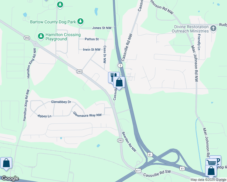 map of restaurants, bars, coffee shops, grocery stores, and more near 1317 Cassville Road Northwest in Cartersville