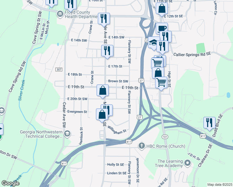 map of restaurants, bars, coffee shops, grocery stores, and more near 415 East 20th Street Southwest in Rome