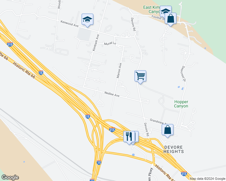 map of restaurants, bars, coffee shops, grocery stores, and more near 1398 Marion Avenue in San Bernardino
