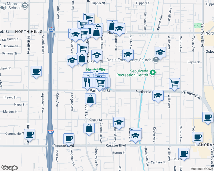 map of restaurants, bars, coffee shops, grocery stores, and more near 8644 Parthenia Place in Los Angeles