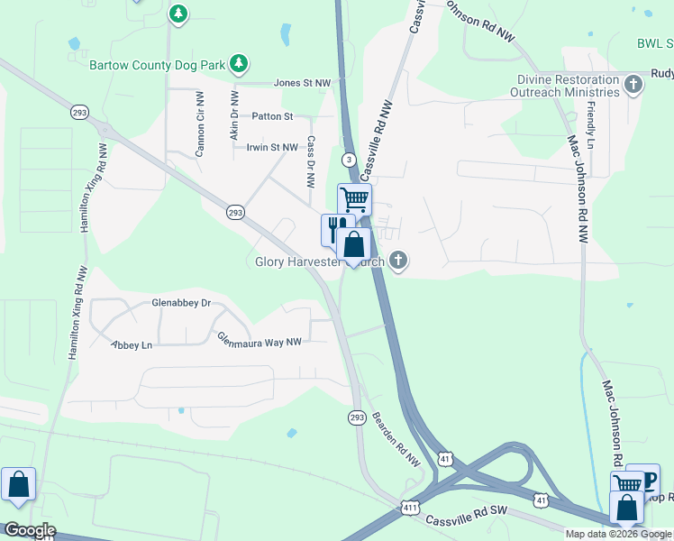 map of restaurants, bars, coffee shops, grocery stores, and more near 1315 Cassville Road Southwest in Cartersville