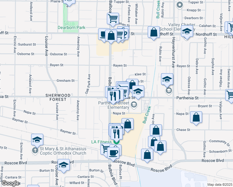 map of restaurants, bars, coffee shops, grocery stores, and more near 16922 Parthenia Street in Los Angeles