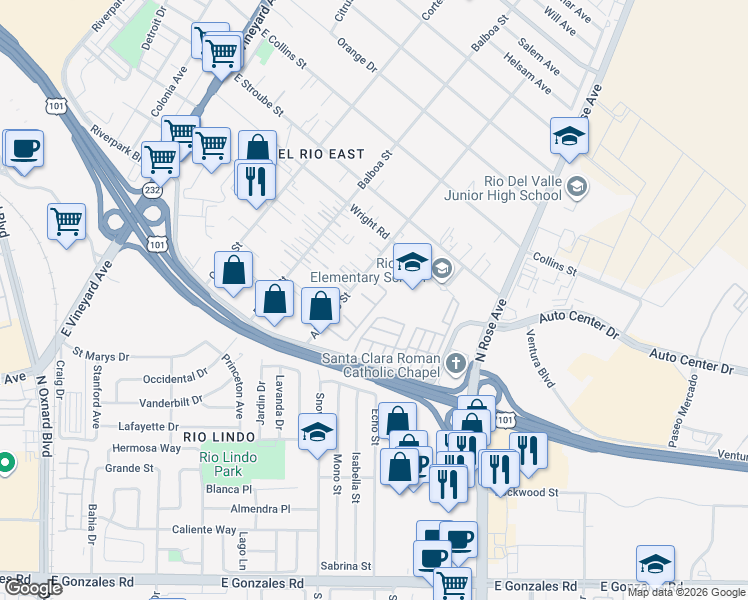 map of restaurants, bars, coffee shops, grocery stores, and more near 2444 Alvarado Street in Oxnard