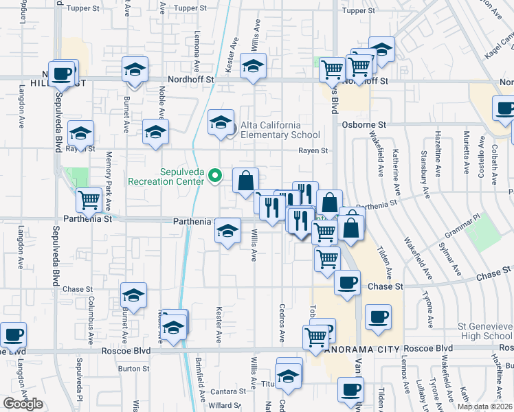 map of restaurants, bars, coffee shops, grocery stores, and more near 8702 Willis Avenue in Los Angeles