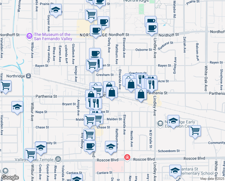 map of restaurants, bars, coffee shops, grocery stores, and more near 18331 Parthenia Street in Los Angeles