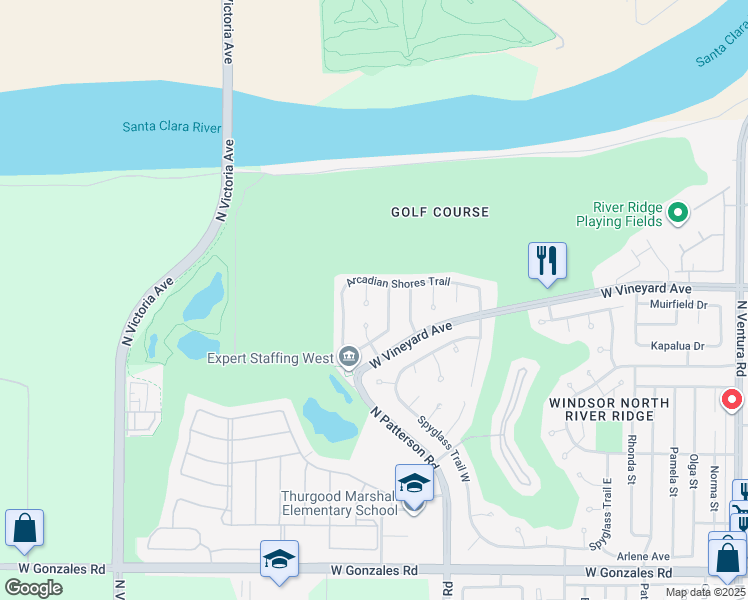map of restaurants, bars, coffee shops, grocery stores, and more near 2338 Eagle Creek Lane in Oxnard