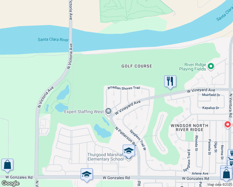 map of restaurants, bars, coffee shops, grocery stores, and more near 2340 Fairway Court in Oxnard