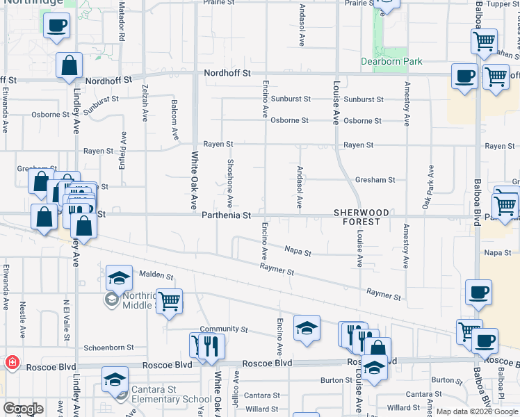 map of restaurants, bars, coffee shops, grocery stores, and more near 17501 Parthenia Street in Los Angeles
