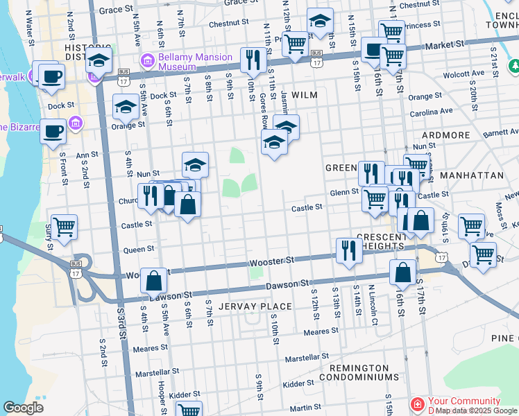 map of restaurants, bars, coffee shops, grocery stores, and more near 919 Castle Street in Wilmington