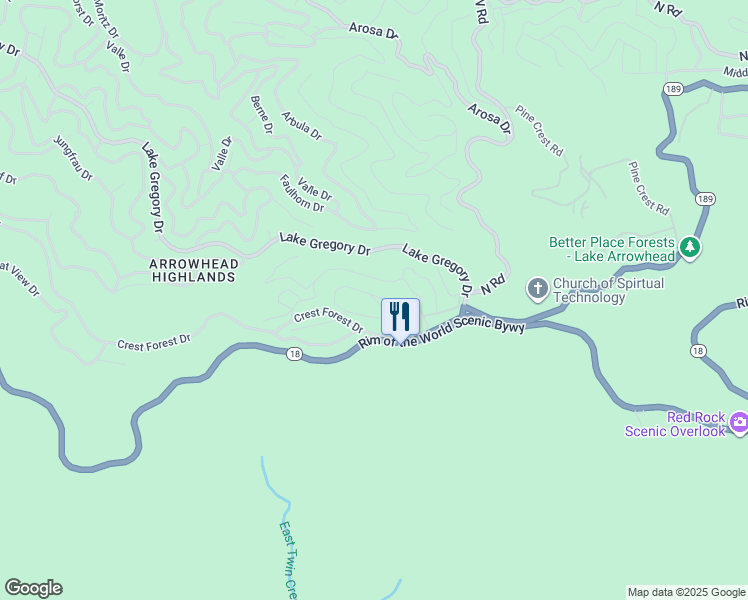 map of restaurants, bars, coffee shops, grocery stores, and more near 25108 Grandview Drive in Crestline