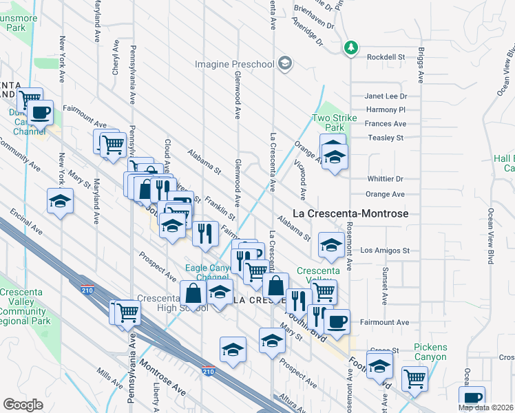 map of restaurants, bars, coffee shops, grocery stores, and more near 2815 Los Olivos Lane in La Crescenta-Montrose