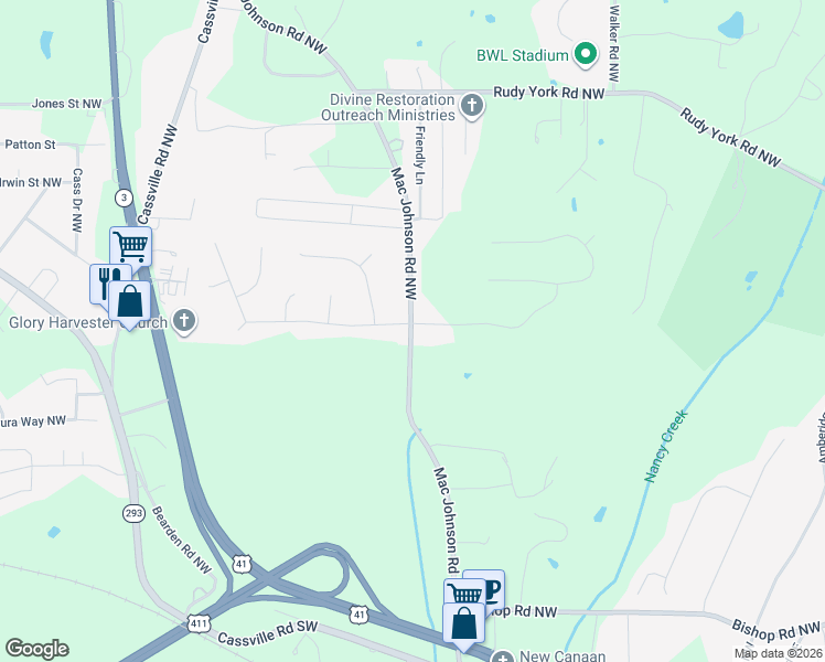 map of restaurants, bars, coffee shops, grocery stores, and more near 184 Mac Johnson Road Northwest in Cartersville