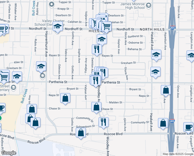 map of restaurants, bars, coffee shops, grocery stores, and more near 8719 Woodley Avenue in Los Angeles