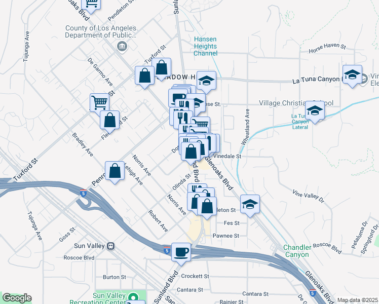 map of restaurants, bars, coffee shops, grocery stores, and more near 8809 Sunland Boulevard in Los Angeles