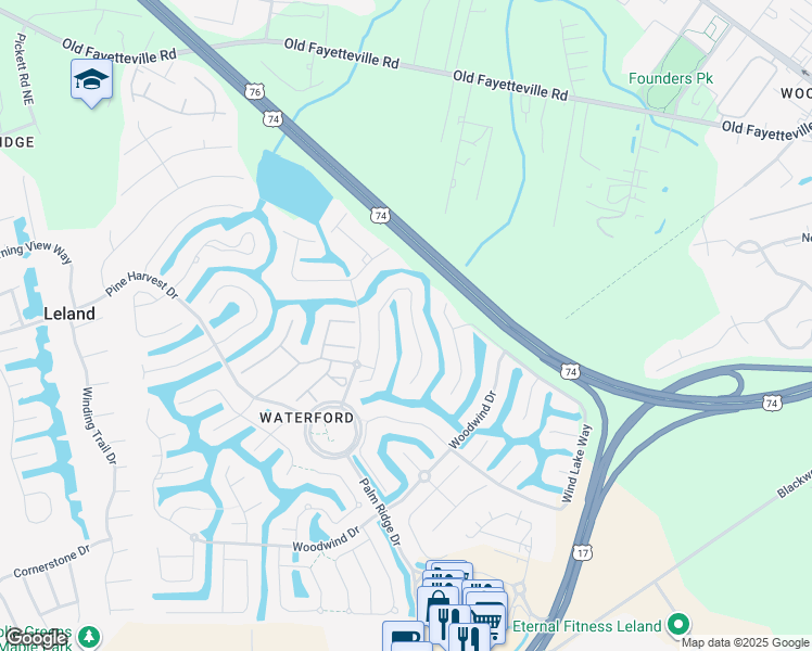 map of restaurants, bars, coffee shops, grocery stores, and more near 1044 Natural Springs Way in Leland