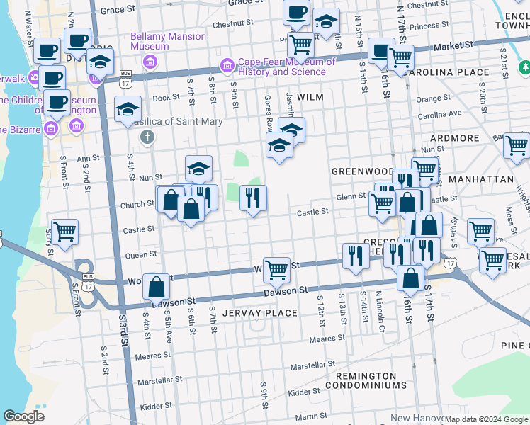 map of restaurants, bars, coffee shops, grocery stores, and more near 921 Castle Street in Wilmington