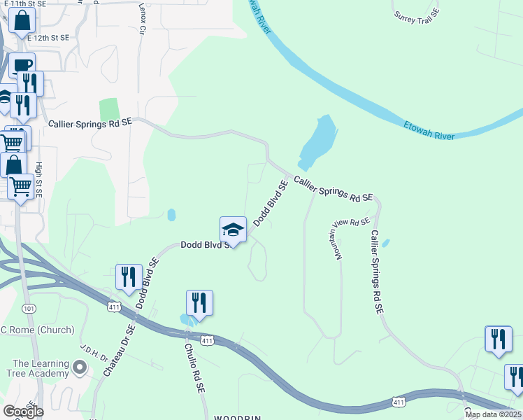 map of restaurants, bars, coffee shops, grocery stores, and more near 83 Dodd Boulevard Southeast in Rome