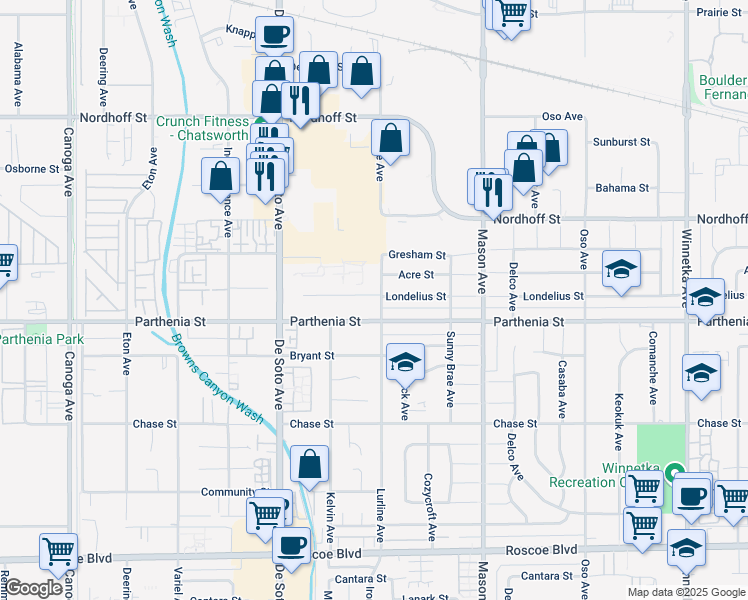 map of restaurants, bars, coffee shops, grocery stores, and more near 8725 Lurline Avenue in Los Angeles