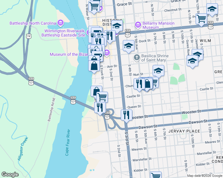 map of restaurants, bars, coffee shops, grocery stores, and more near 511 South Front Street in Wilmington