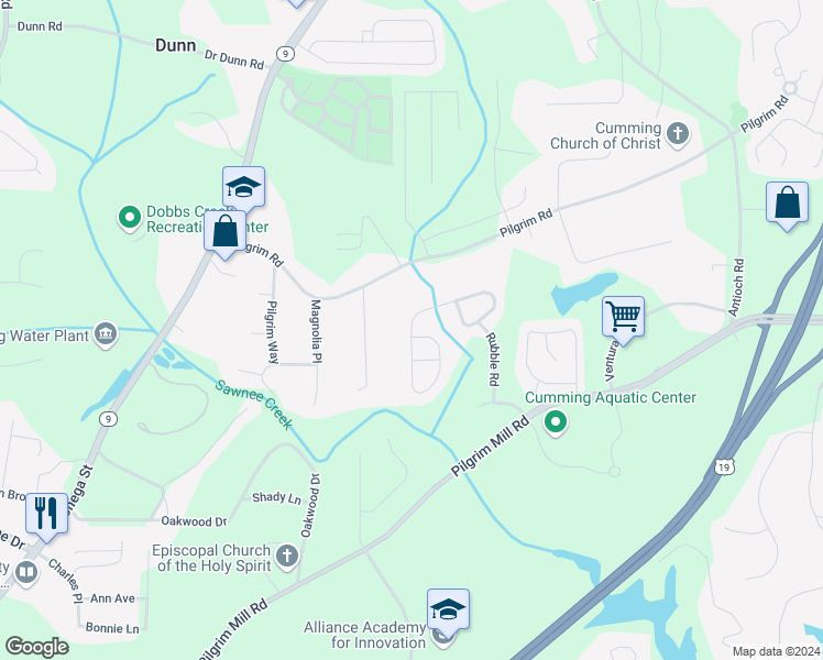 map of restaurants, bars, coffee shops, grocery stores, and more near 1592 Brookmere Way in Cumming