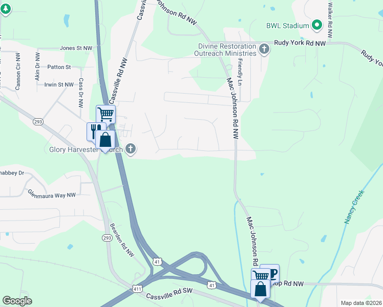 map of restaurants, bars, coffee shops, grocery stores, and more near 27 Camden Woods Drive Northwest in Cartersville