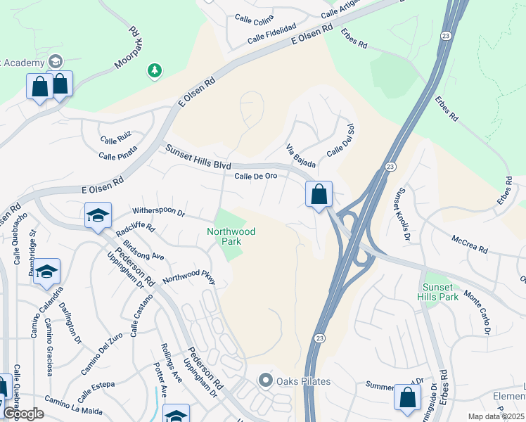 map of restaurants, bars, coffee shops, grocery stores, and more near 3663 Corte De Los Reyes in Thousand Oaks
