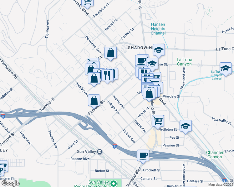map of restaurants, bars, coffee shops, grocery stores, and more near 8770 Norris Avenue in Los Angeles