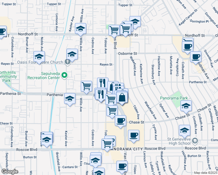 map of restaurants, bars, coffee shops, grocery stores, and more near 8737 Van Nuys in Los Angeles