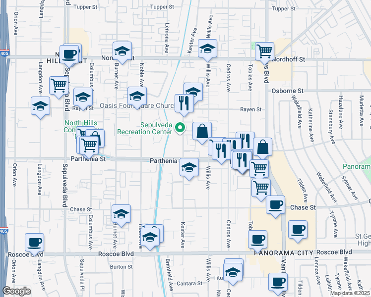 map of restaurants, bars, coffee shops, grocery stores, and more near in Los Angeles