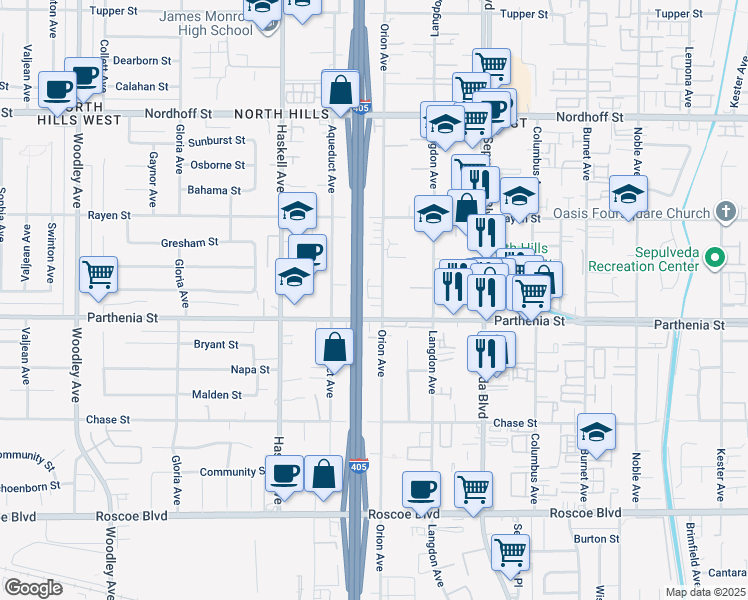 map of restaurants, bars, coffee shops, grocery stores, and more near 15611 Parthenia Street in Los Angeles
