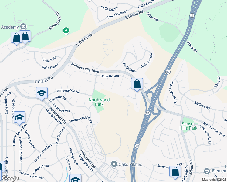 map of restaurants, bars, coffee shops, grocery stores, and more near 3663 Corte De Los Reyes in Thousand Oaks